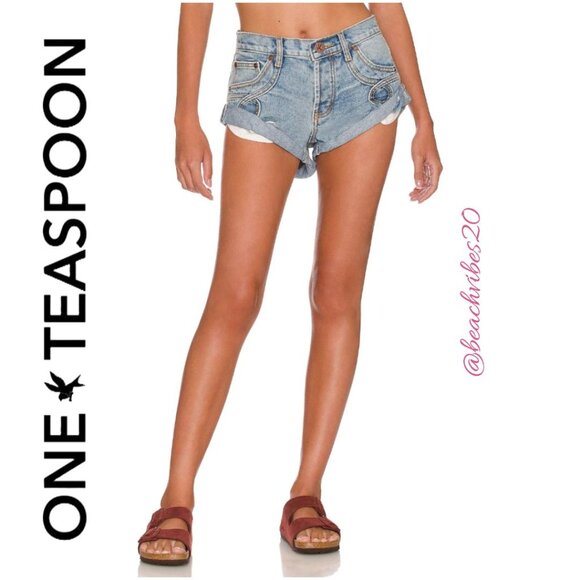 ONE TEASPOON Bandits Low Waist Short Sunbleach Blue 30 NWT - Picture 2 of 4